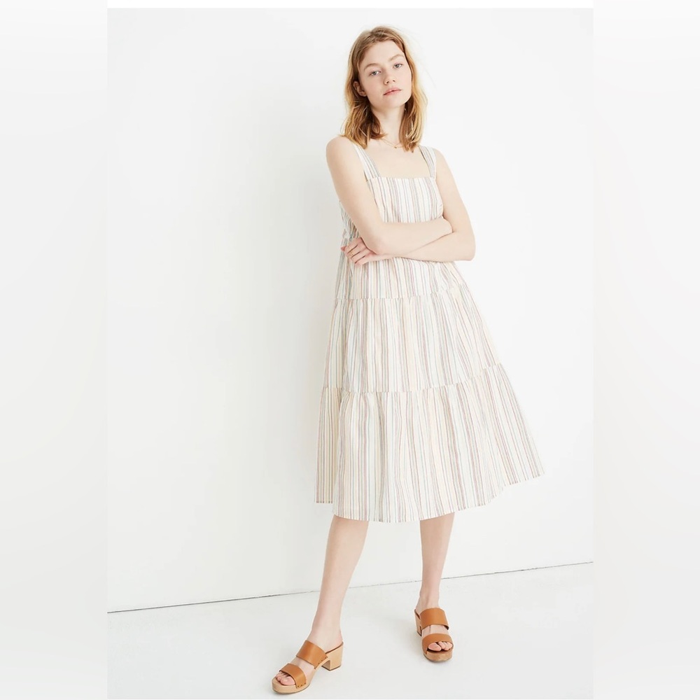 Madewell Button-Back Tiered Dress in Textural Rainbow Stripe size 00